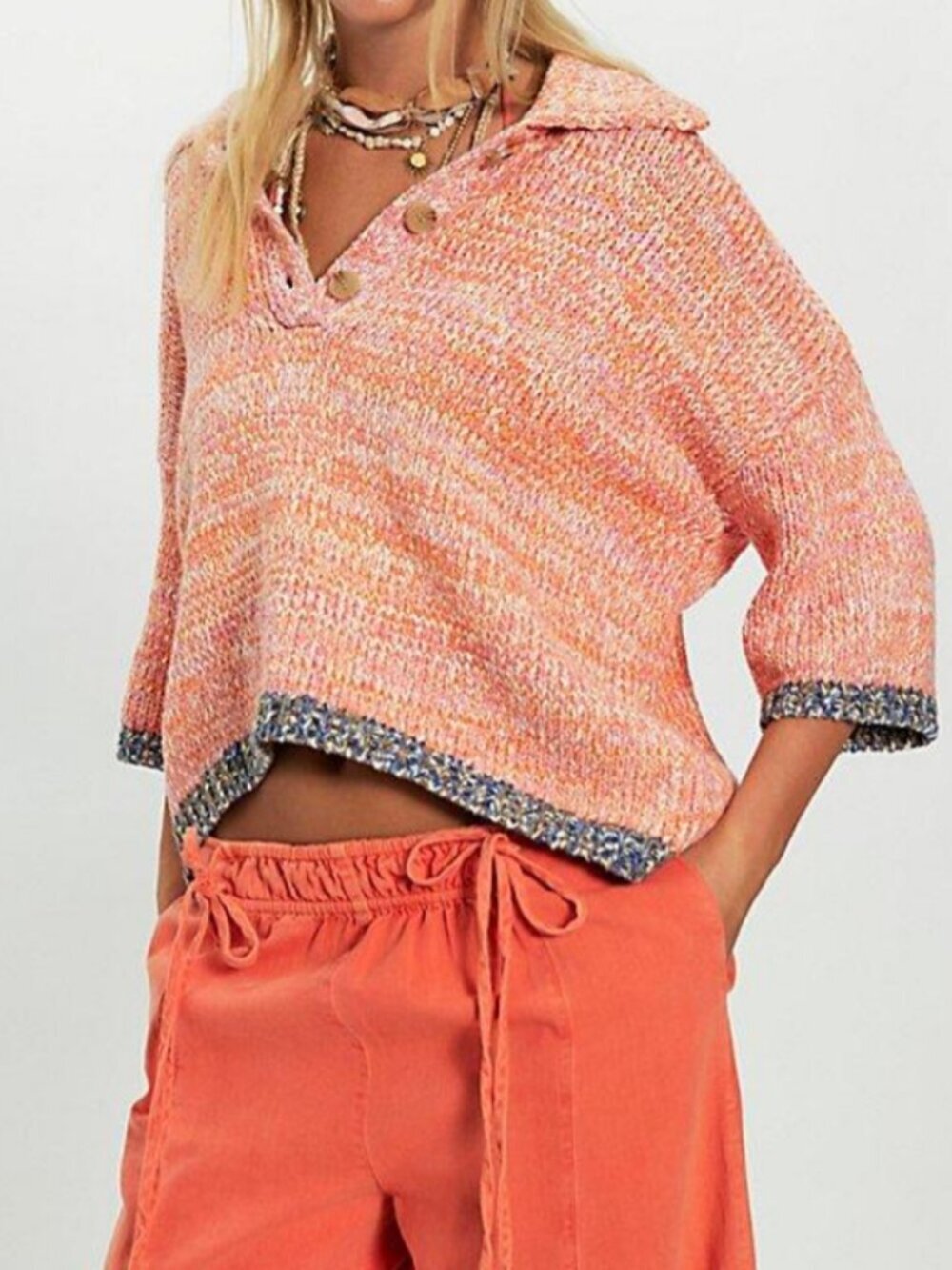 NWT Free People On The Roll Knit Polo in Pink Tulip Combo